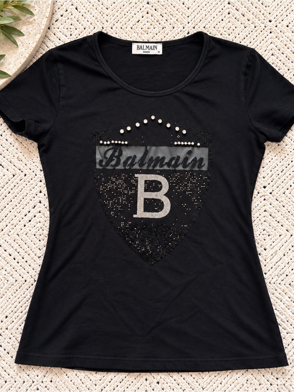 Balmain Paris Black Crystal Rhinestone Logo T-Shirt Size M